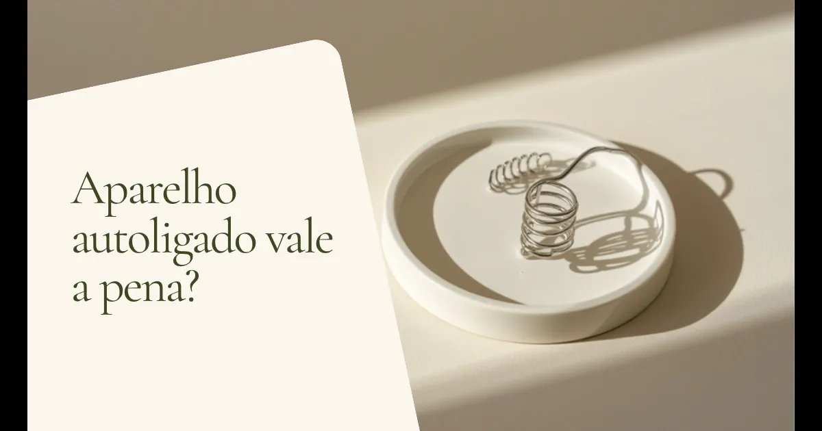 Braquetes autoligados e fio ortodôntico sobre superfície clara — capa do artigo 'Aparelho Autoligado Vale a Pena?', do consultório da Dra. Cléo Salustiano, dentista na Mooca, São Paulo.