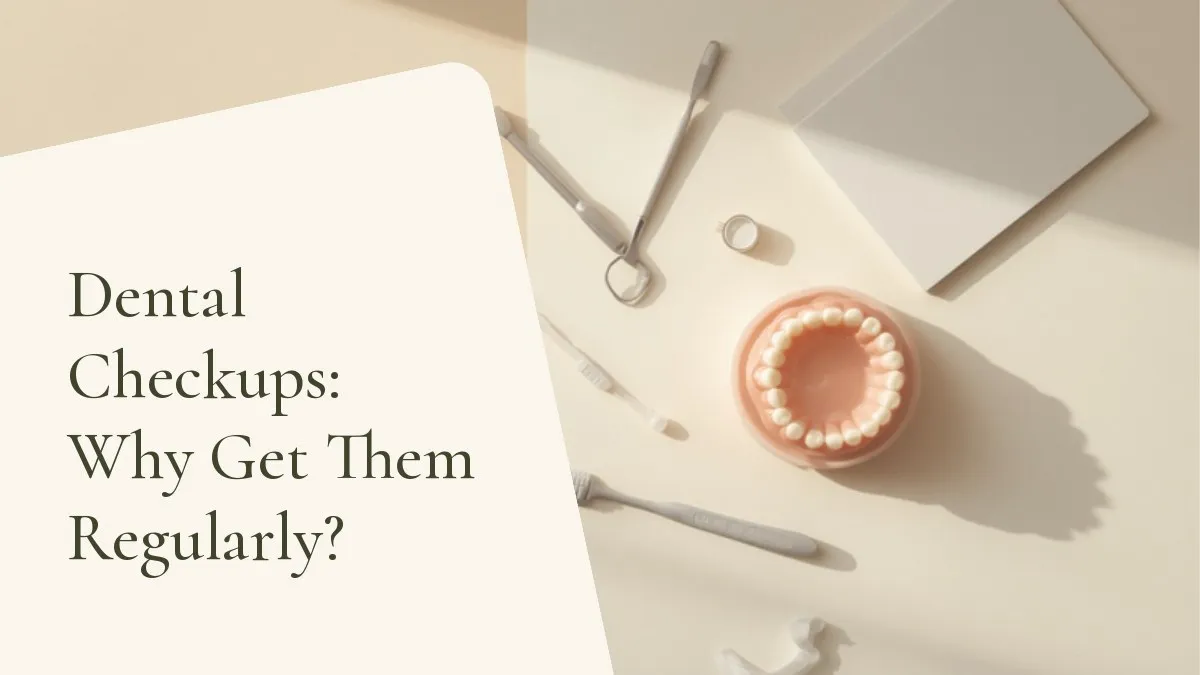 Dental items related to the topic on a light surface — cover of the article 'Dental Checkups: Why Get Them Regularly?', from the dental office of Dr. Cléo Salustiano, a dentist in Mooca, São Paulo.
