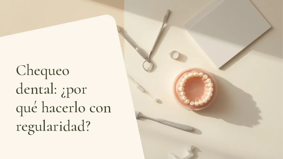 Objetos de odontología relacionados con el tema sobre una superficie clara — portada del artículo 'Chequeo dental: ¿por qué hacerlo con regularidad?', del consultorio de la Dra. Cléo Salustiano, dentista en la Mooca, São Paulo.