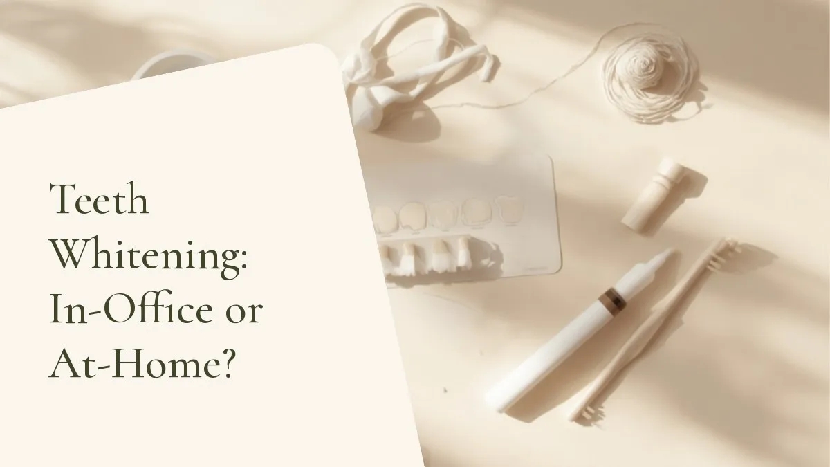 Dental items related to the topic on a light surface — cover of the article 'Teeth Whitening: In-Office or At-Home?', from the dental office of Dr. Cléo Salustiano, a dentist in Mooca, São Paulo.