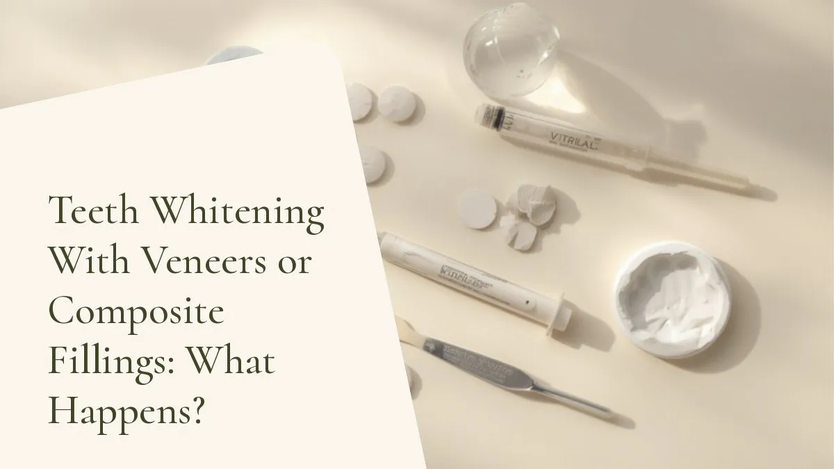 Dental items related to the topic on a light surface — cover of the article 'Teeth Whitening With Veneers or Composite Fillings: What Happens?', from the dental office of Dr. Cléo Salustiano, a dentist in Mooca, São Paulo.