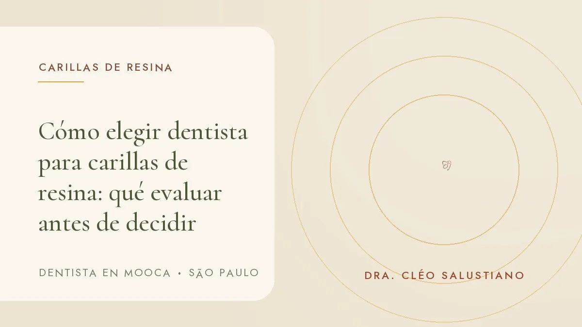 Portada del artículo 'Cómo elegir dentista para carillas de resina', del consultorio de la Dra. Cléo Salustiano, dentista en Mooca, São Paulo.