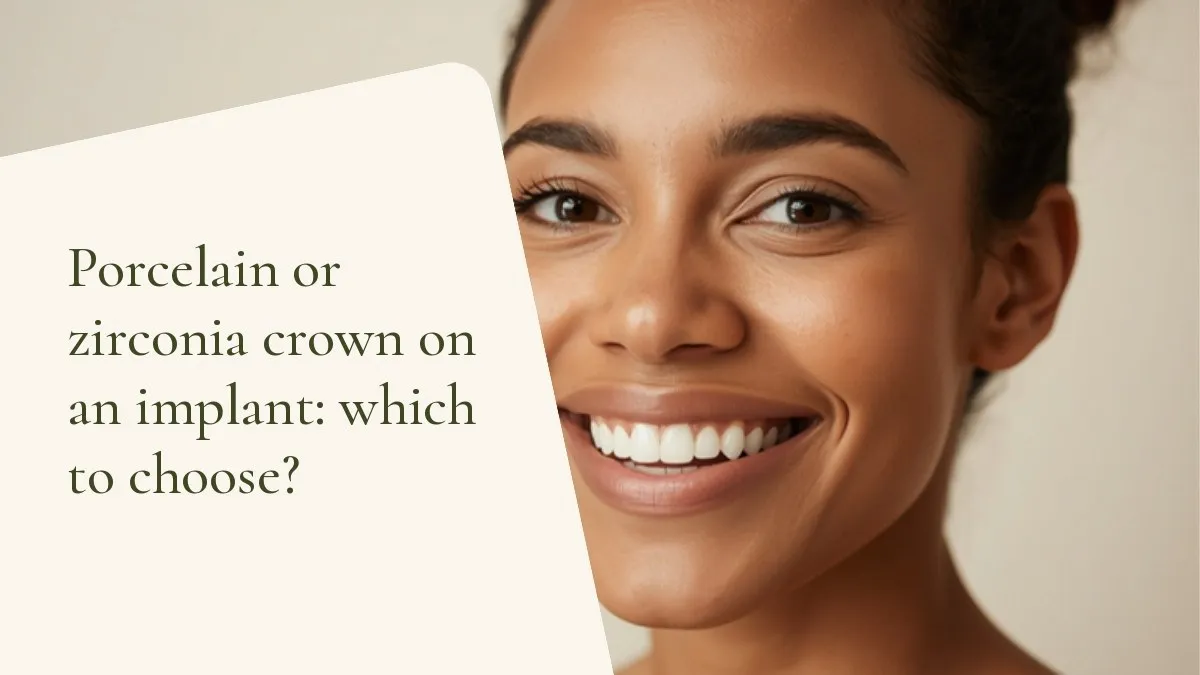 Dental items related to the topic on a light surface — cover of the article 'Porcelain or zirconia crown on an implant: which to choose?', from the dental office of Dr. Cléo Salustiano, dentist in Mooca, São Paulo.