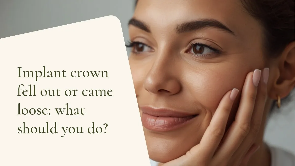Dental objects related to the topic on a light surface — cover of the article 'Implant crown fell out or came loose: what should you do?', from the dental office of Dr. Cléo Salustiano, a dentist in Mooca, São Paulo.