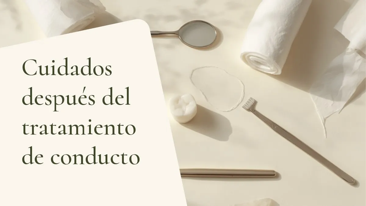 Objetos odontológicos relacionados con el tema sobre una superficie clara — portada del artículo 'Cuidados después del tratamiento de conducto', del consultorio de la Dra. Cléo Salustiano, dentista en Mooca, São Paulo.