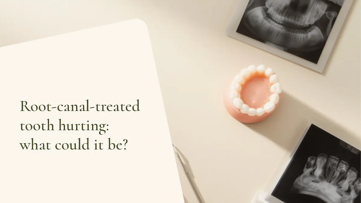 Dental objects related to the topic on a light surface — cover of the article 'Root-canal-treated tooth hurting: what could it be?', from the dental office of Dr. Cléo Salustiano, a dentist in Mooca, São Paulo.