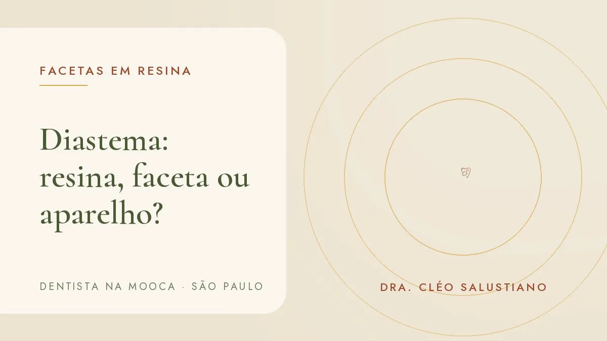 Capa do artigo 'Espaço entre os dentes (diastema): resina, faceta ou aparelho?', do consultório da Dra. Cléo Salustiano, dentista na Mooca, São Paulo.