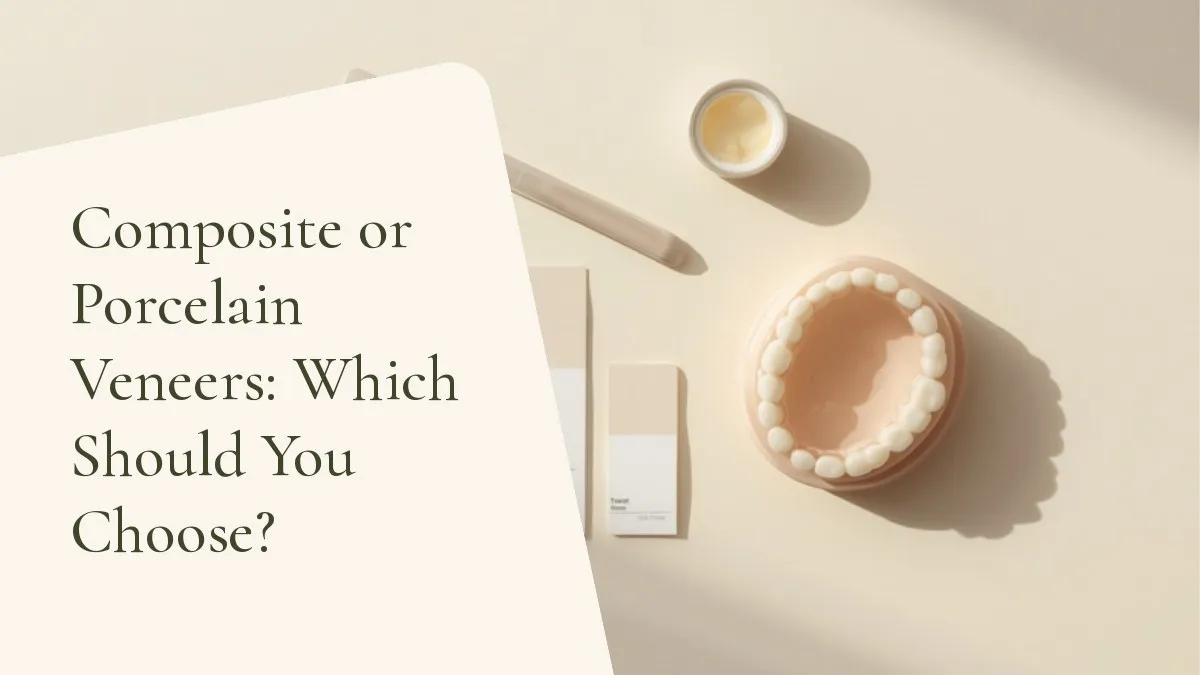 Dental items related to the topic on a light surface — cover of the article 'Composite or Porcelain Veneers: Which Should You Choose?', from the dental office of Dr. Cléo Salustiano, a dentist in Mooca, São Paulo.