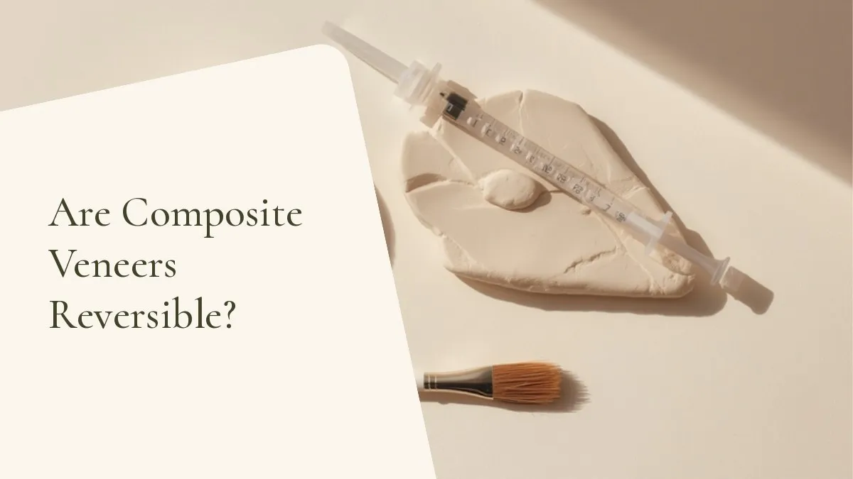 Dental items related to the topic on a light surface — cover of the article 'Are Composite Veneers Reversible?', from the dental office of Dr. Cléo Salustiano, a dentist in Mooca, São Paulo.