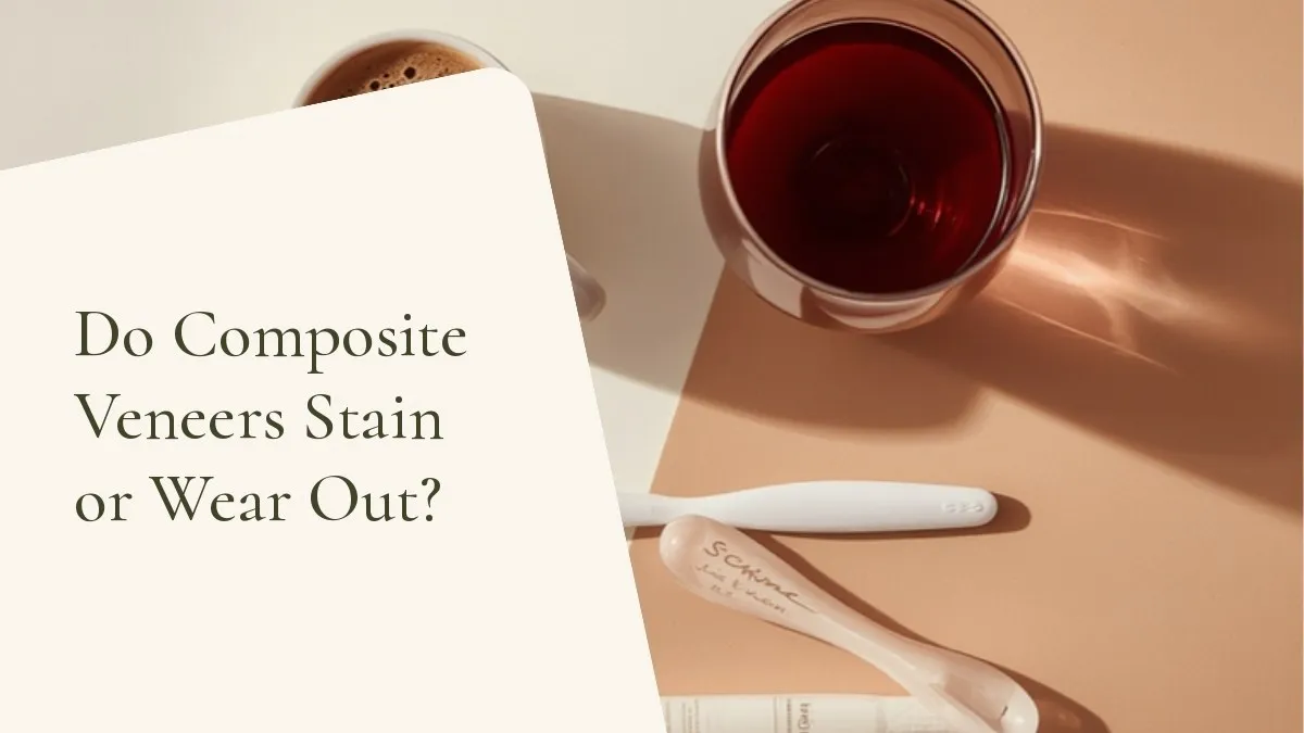 Dental items related to the topic on a light surface — cover of the article 'Do Composite Veneers Stain or Wear Out?', from the dental office of Dr. Cléo Salustiano, a dentist in Mooca, São Paulo.
