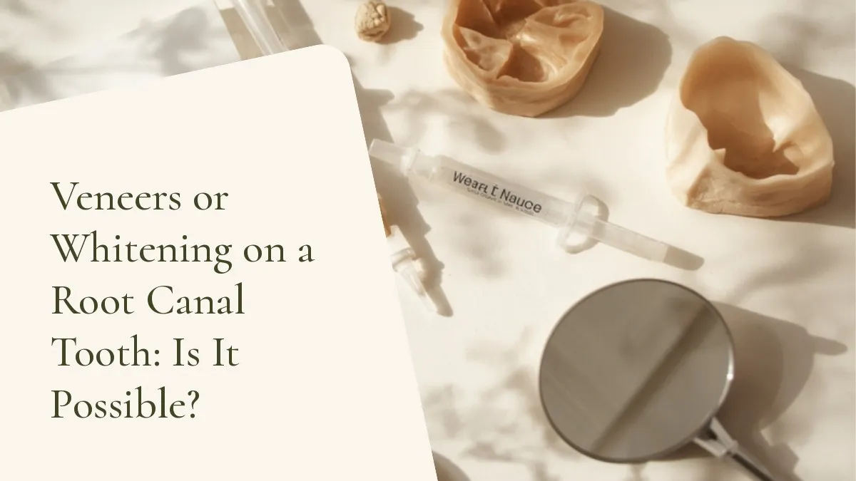 Dental items related to the topic on a light surface — cover of the article 'Veneers or Whitening on a Root Canal Tooth: Is It Possible?', from the dental office of Dr. Cléo Salustiano, a dentist in Mooca, São Paulo.