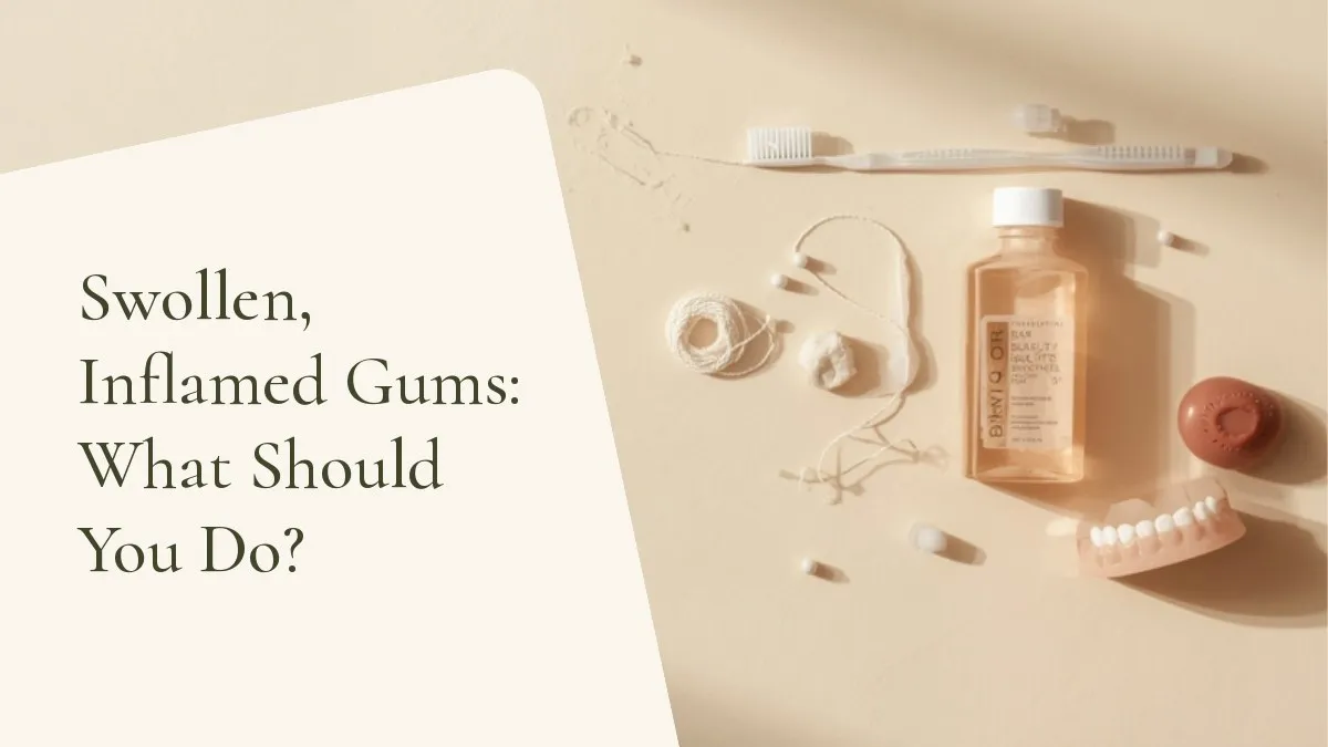 Dental items related to the topic on a light surface — cover of the article 'Swollen, Inflamed Gums: What Should You Do?', from the dental office of Dr. Cléo Salustiano, dentist in Mooca, São Paulo.
