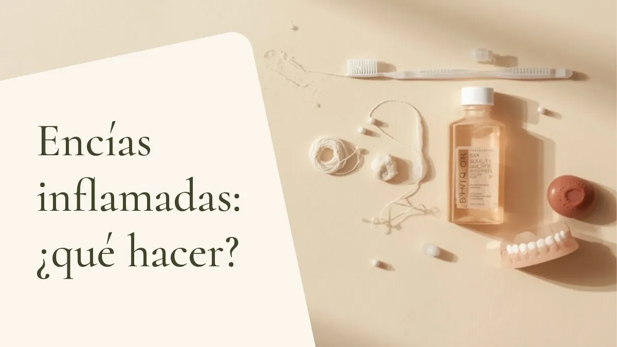 Objetos de odontología relacionados con el tema sobre una superficie clara — portada del artículo 'Encías inflamadas: ¿qué hacer?', del consultorio de la Dra. Cléo Salustiano, dentista en Mooca, São Paulo.