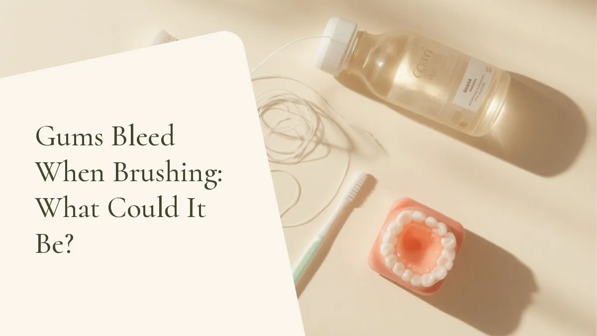 Dental items related to the topic on a light surface — cover of the article 'Gums Bleed When Brushing: What Could It Be?', from the dental office of Dr. Cléo Salustiano, dentist in Mooca, São Paulo.