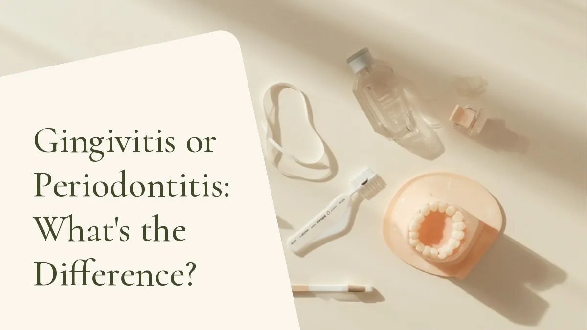 Dental items related to the topic on a light surface — cover of the article 'Gingivitis or Periodontitis: What's the Difference?', from the dental office of Dr. Cléo Salustiano, dentist in Mooca, São Paulo.