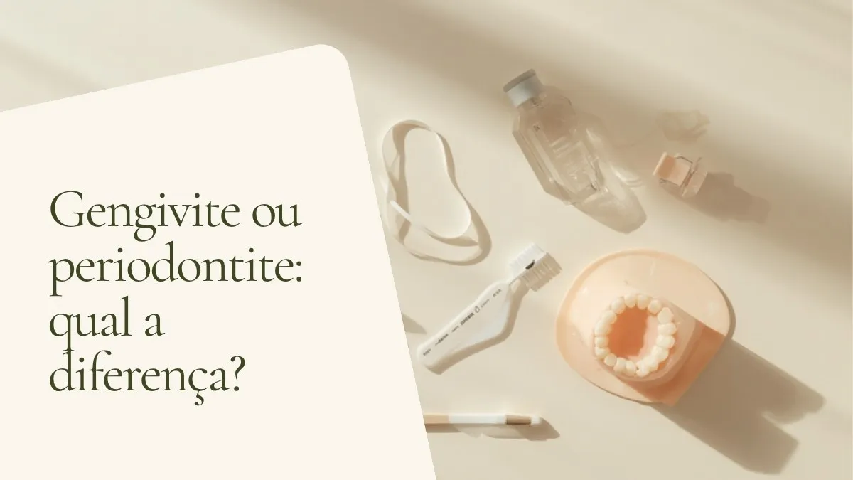Objetos de odontologia relacionados ao tema sobre superfície clara — capa do artigo 'Gengivite ou periodontite: qual a diferença?', do consultório da Dra. Cléo Salustiano, dentista na Mooca, São Paulo.