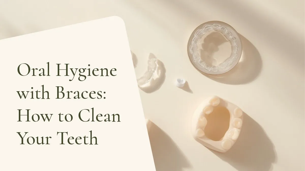 Dental items related to the topic on a light surface — cover of the article 'Oral Hygiene with Braces: How to Clean Your Teeth', from the dental office of Dr. Cléo Salustiano, dentist in Mooca, São Paulo.