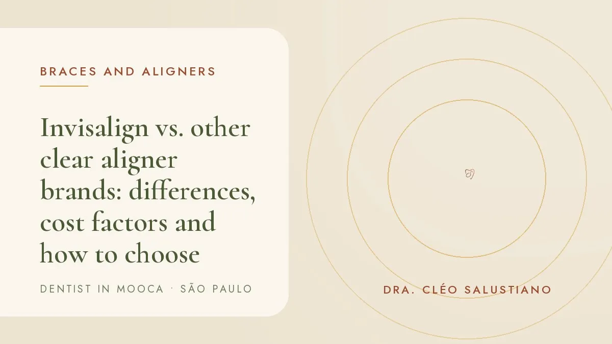 Clear aligner being fitted over the teeth — cover of the article 'Invisalign vs. other clear aligner brands: differences, cost factors and how to choose', from the office of Dr. Cléo Salustiano, dentist in Mooca, São Paulo.