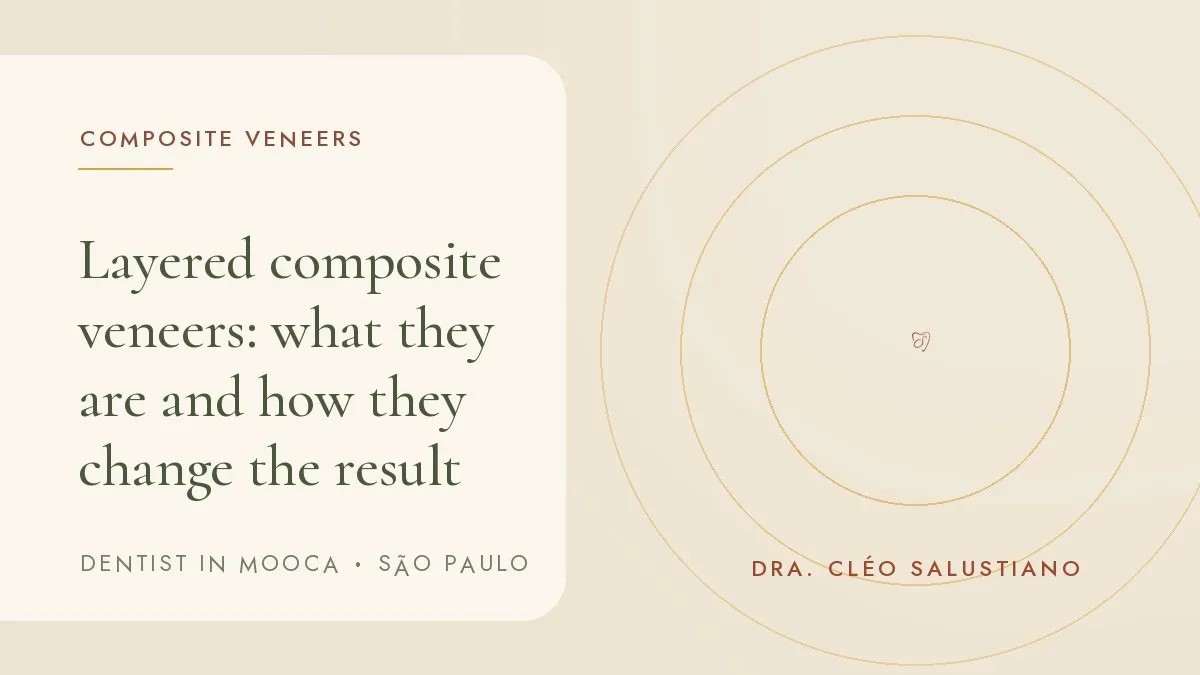 Cover of the article 'Layered composite veneers: what they are and how they change the result', from the dental office of Dr. Cléo Salustiano, dentist in Mooca, São Paulo.