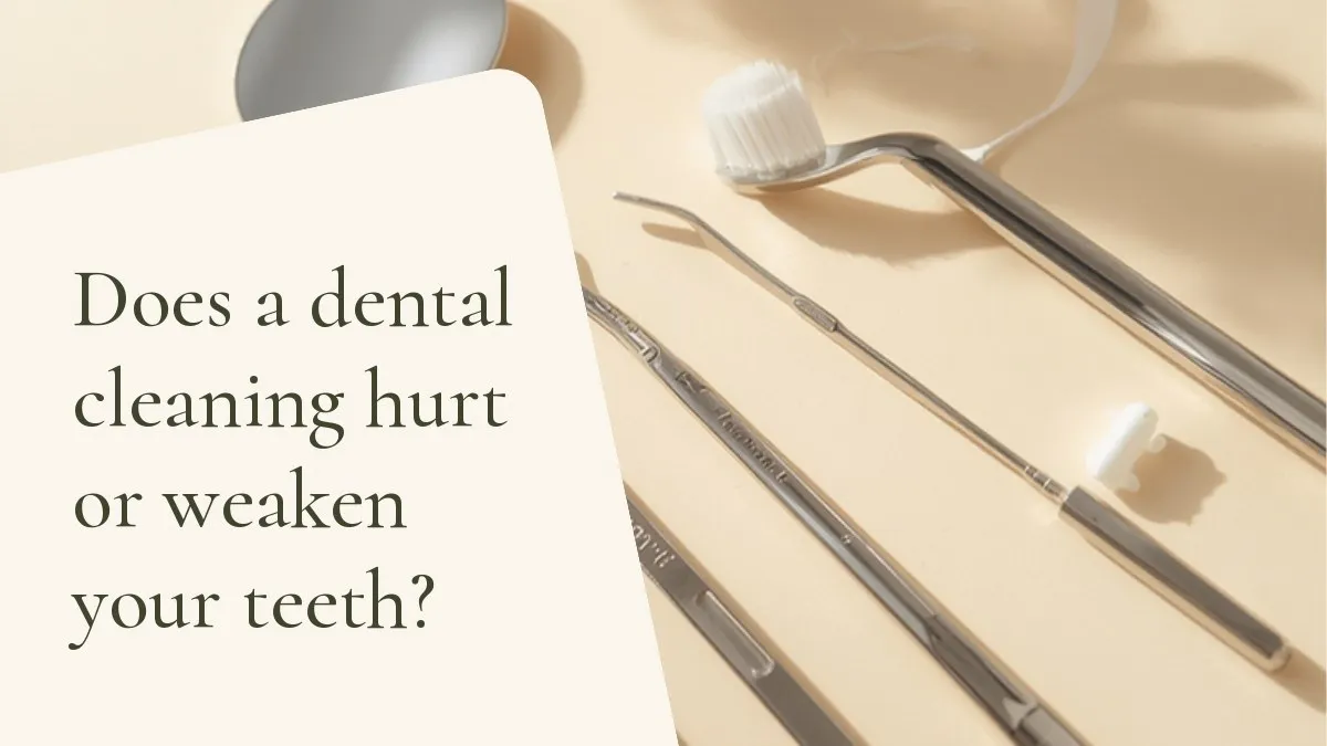 Dental instruments related to the topic on a light surface — cover of the article 'Does a dental cleaning hurt or weaken your teeth?', from the dental office of Dr. Cléo Salustiano, dentist in Mooca, São Paulo.