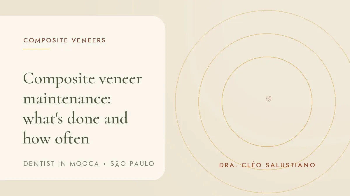 Cover of the article 'Composite veneer maintenance: what's done and how often', from the dental office of Dr. Cléo Salustiano, dentist in Mooca, São Paulo.