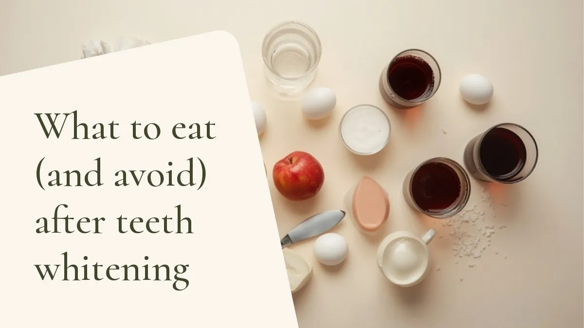 Dental instruments related to the topic on a light surface — cover of the article 'What to eat (and avoid) after teeth whitening', from the dental office of Dr. Cléo Salustiano, dentist in Mooca, São Paulo.