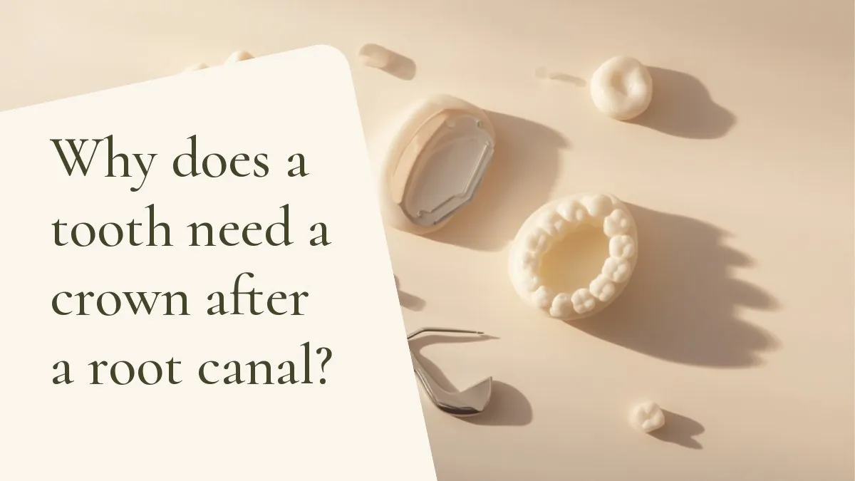 Dental instruments related to the topic on a light surface — cover of the article 'Why does a tooth need a crown after a root canal?', from the dental office of Dr. Cléo Salustiano, dentist in Mooca, São Paulo.
