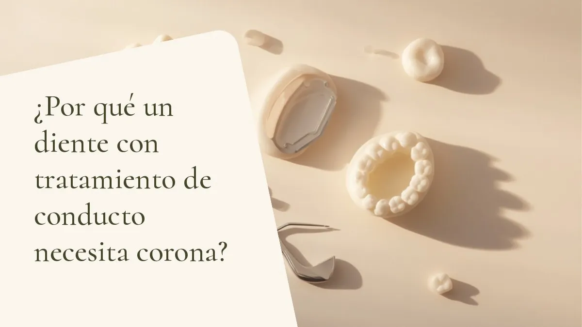 Objetos de odontología relacionados con el tema sobre una superficie clara: portada del artículo '¿Por qué un diente con tratamiento de conducto necesita corona?', del consultorio de la Dra. Cléo Salustiano, dentista en Mooca, São Paulo.
