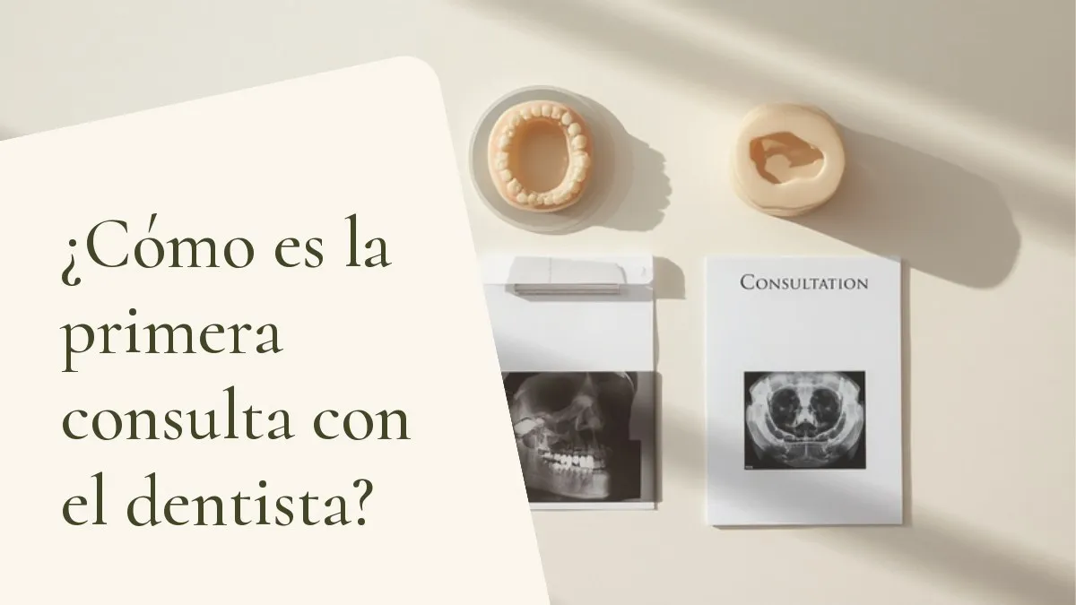 Instrumentos de odontología relacionados con el tema sobre una superficie clara — portada del artículo '¿Cómo es la primera consulta con el dentista?', del consultorio de la Dra. Cléo Salustiano, dentista en Mooca, São Paulo.