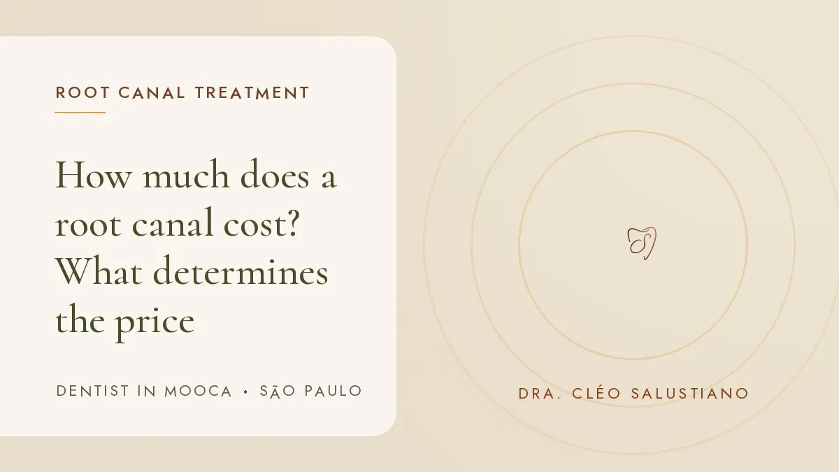 Dental items on a light surface — cover of the article 'How much does a root canal cost?', from the office of Dr. Cléo Salustiano, dentist in Mooca, São Paulo.