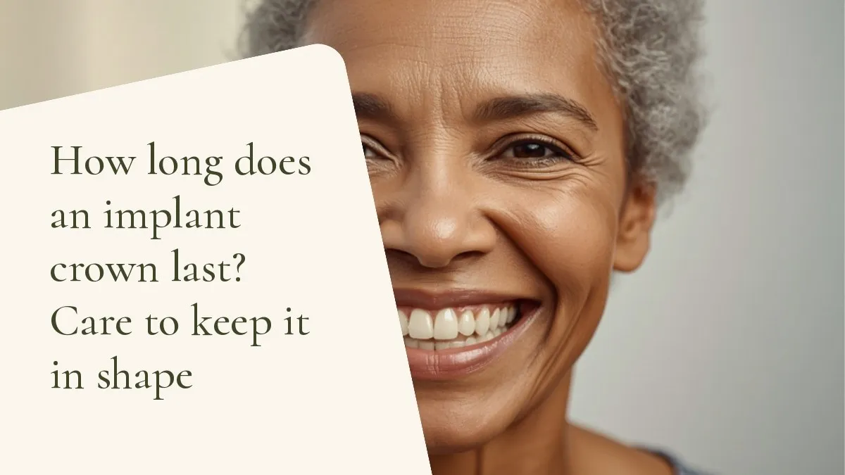Dental items related to the topic on a light surface — cover of the article 'How long does an implant crown last? Care to keep it in shape', from the office of Dr. Cléo Salustiano, dentist in Mooca, São Paulo.