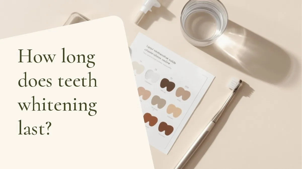 Dental items related to the topic on a light surface — cover of the article 'How long does teeth whitening last?', from the office of Dr. Cléo Salustiano, dentist in Mooca, São Paulo.
