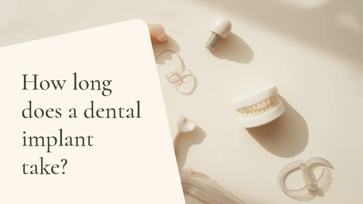Dental items related to the topic on a light surface — cover of the article 'How long does a dental implant take?', from the office of Dr. Cléo Salustiano, dentist in Mooca, São Paulo.