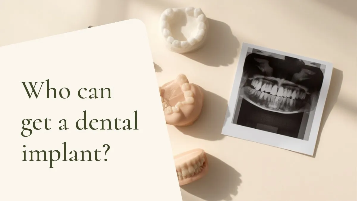 Dental items related to the topic on a light surface — cover of the article 'Who can get a dental implant?', from the dental office of Dr. Cléo Salustiano, dentist in Mooca, São Paulo.