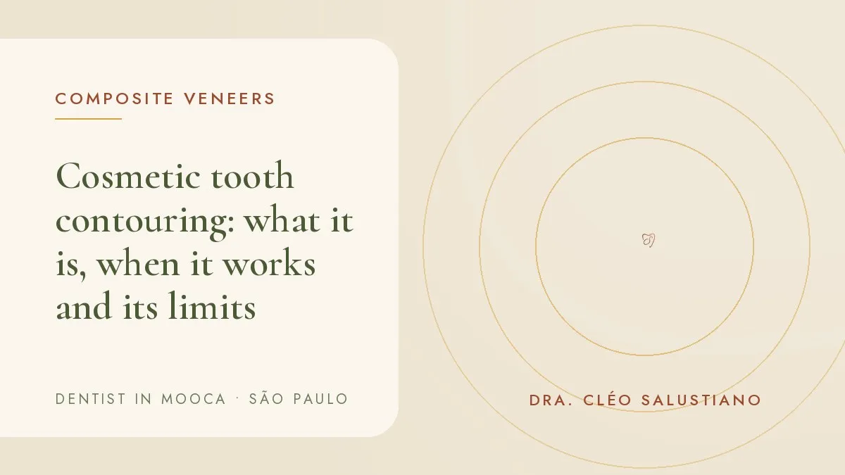 Front teeth with edges being shaped and polished — cover of the article 'Cosmetic tooth contouring: what it is', from the office of Dr. Cléo Salustiano, dentist in Mooca, São Paulo.