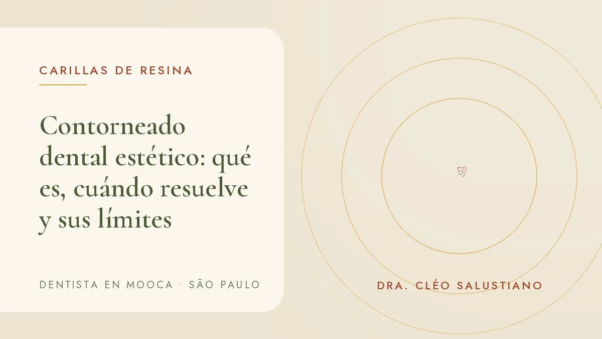 Dientes delanteros con bordes ajustados y pulidos — portada del artículo 'Contorneado dental estético: qué es', del consultorio de la Dra. Cléo Salustiano, dentista en Mooca, São Paulo.