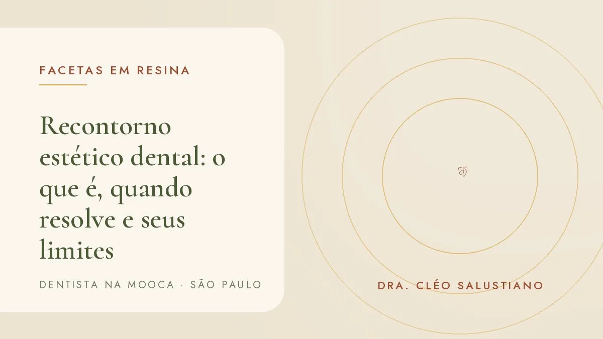 Dentes da frente com bordas sendo ajustadas e polidas — capa do artigo 'Recontorno estético dental: o que é', do consultório da Dra. Cléo Salustiano, dentista na Mooca, São Paulo.