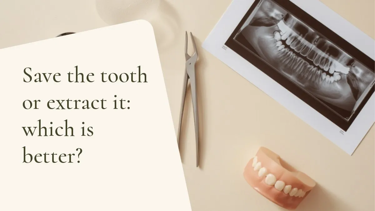 Dental items related to the topic on a light surface — cover of the article 'Save the tooth or extract it: which is better?', from the dental office of Dr. Cléo Salustiano, dentist in Mooca, São Paulo.