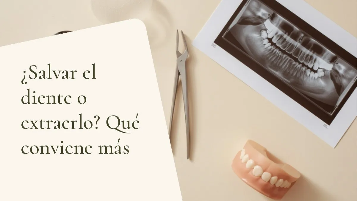 Instrumentos odontológicos relacionados con el tema sobre una superficie clara — portada del artículo '¿Salvar el diente o extraerlo? Qué conviene más', del consultorio de la Dra. Cléo Salustiano, dentista en Mooca, São Paulo.
