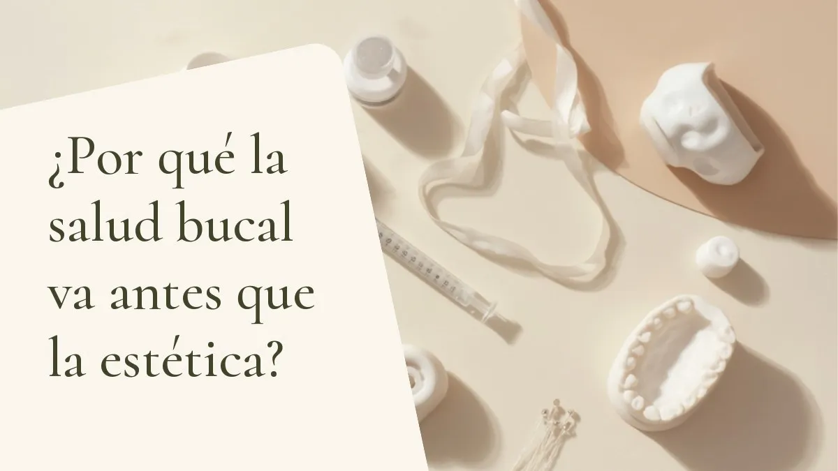 Instrumentos odontológicos relacionados con el tema sobre una superficie clara — portada del artículo '¿Por qué la salud bucal va antes que la estética?', del consultorio de la Dra. Cléo Salustiano, dentista en Mooca, São Paulo.