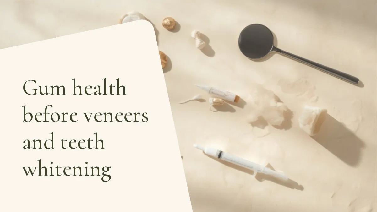 Dental items related to the topic on a light surface — cover of the article 'Gum health before veneers and teeth whitening', from the dental office of Dr. Cléo Salustiano, dentist in Mooca, São Paulo.