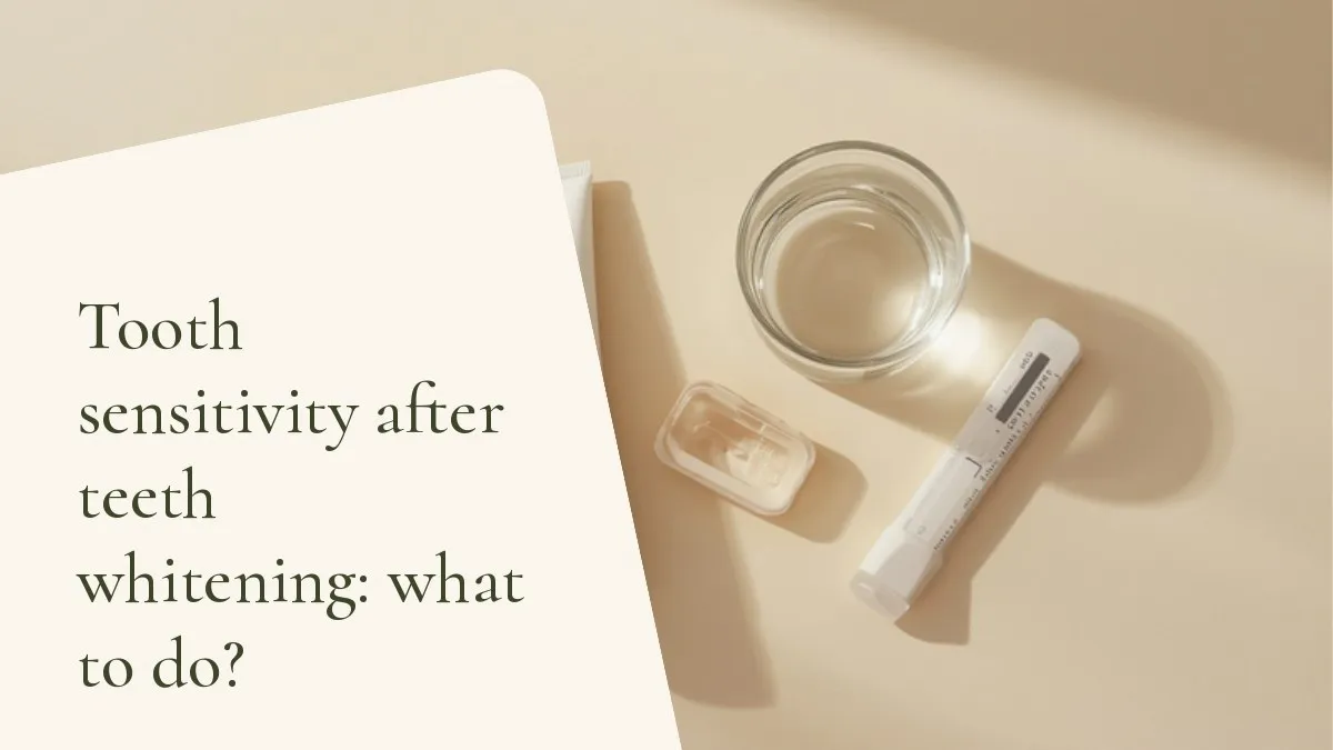 Dental items related to the topic on a light surface — cover of the article 'Tooth sensitivity after teeth whitening: what to do?', from the dental office of Dr. Cléo Salustiano, dentist in Mooca, São Paulo.