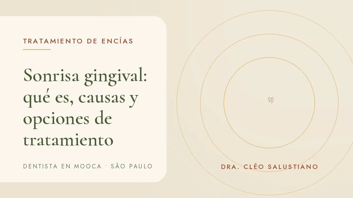 Sonrisa que muestra la encía superior — portada del artículo 'Sonrisa gingival: qué es, causas y opciones de tratamiento', del consultorio de la Dra. Cléo Salustiano, dentista en Mooca, São Paulo.