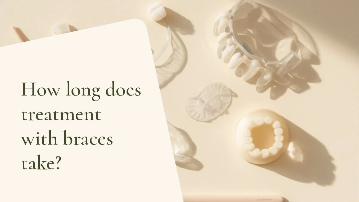 Dental items related to the topic on a light surface — cover of the article 'How long does treatment with braces take?', from the dental office of Dr. Cléo Salustiano, dentist in Mooca, São Paulo.